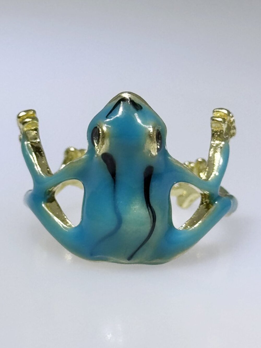 Blue enamel tree frog huggie ring, adjustable, gold tone, NWOT